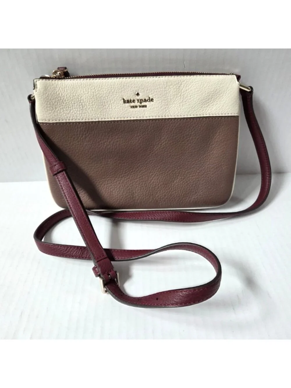Kate Spade Purse Jackson Triple Gusset Neutral Cream Brown Leather Crossbody Bag